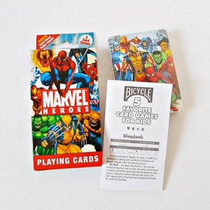 Marvel Heroes, 5 jeux de cartes avec règles, vélos à jouer aux cartes, non ouvert, slap jack, Crazy 8's, allez pêcher, vieille femme de chambre, concentration, amusant en famille