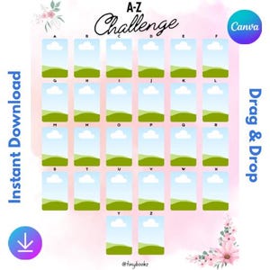 May include: A-Z Challenge printable game with a green and blue landscape design. Drag and drop the letters to complete the alphabet.