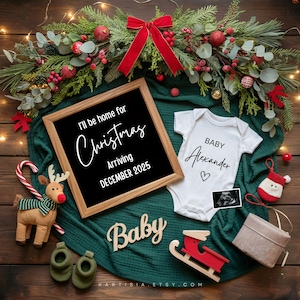Annuncio di gravidanza digitale natalizio, nascita prevista a dicembre, modello neutro modificabile per le festività, rivelazione del sesso del bambino, social media CP0004