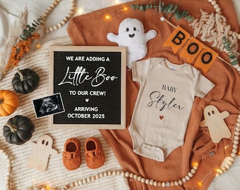 Little Boo Halloween Schwangerschaftsankündigung, digitale Babyankündigung Geschlecht Baby offenbaren bearbeitbare Vorlage Neutral Social Media Reveal