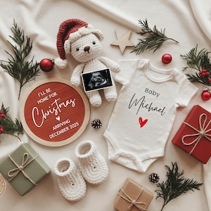Annuncio di gravidanza natalizio Boho, rivelazione del sesso del bambino a dicembre (neutro), semplice gravidanza del primo bambino per le feste, modello modificabile CP0087