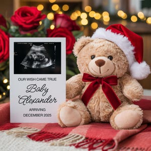 Digitale kerstzwangerschapsaankondiging baby moet in december worden aangekondigd Geslachtsonthulling neutraal bewerkbaar vakantiesjabloon Social media-onthulling CP0026