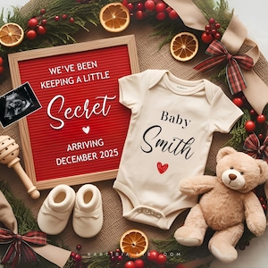 Kerstzwangerschapsaankondiging Digitale babyaankondiging December baby Genderneutraal Social Media Reveal Gilr/Boy-sjabloon vakantie