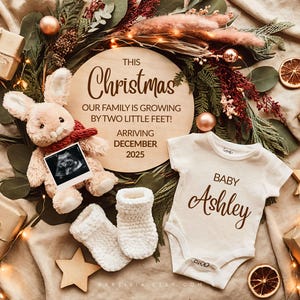 Annuncio di gravidanza a Natale Annuncio digitale neutro del bambino Annuncio di nascita Boho di dicembre Rivelazione del sesso del bambino Rivelazione sui social media Modificabile CP0018