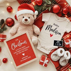 Annuncio di gravidanza a Natale, Annuncio di nascita a Dicembre neutro, Semplice annuncio di gravidanza per le feste, Rivelazione del sesso del bambino a tema orso CP0088