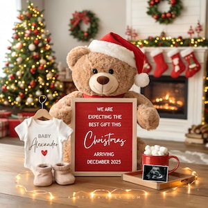 Annuncio di nascita a Natale, Annuncio di gravidanza digitale, Annuncio del sesso del bambino a dicembre (neutro), Modello per la presentazione sui social media delle festività CP0010