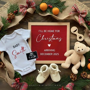 Kerstzwangerschapsaankondiging in december Digitale babyaankondiging Gender Reveal Neutrale vakantie bewerkbare sjabloon I'll be home
