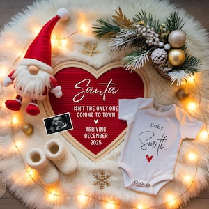 Annuncio di gravidanza a Natale, annuncio di nascita a dicembre, rivelazione del sesso, gnomo neutro per le feste, rivelazione sui social media, modello modificabile CP0033