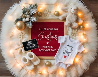 Christmas Digital Pregnancy Announcement Baby Due in December Gender Reveal Neutal She/He Editable Holiday Template Social Media Reveal
