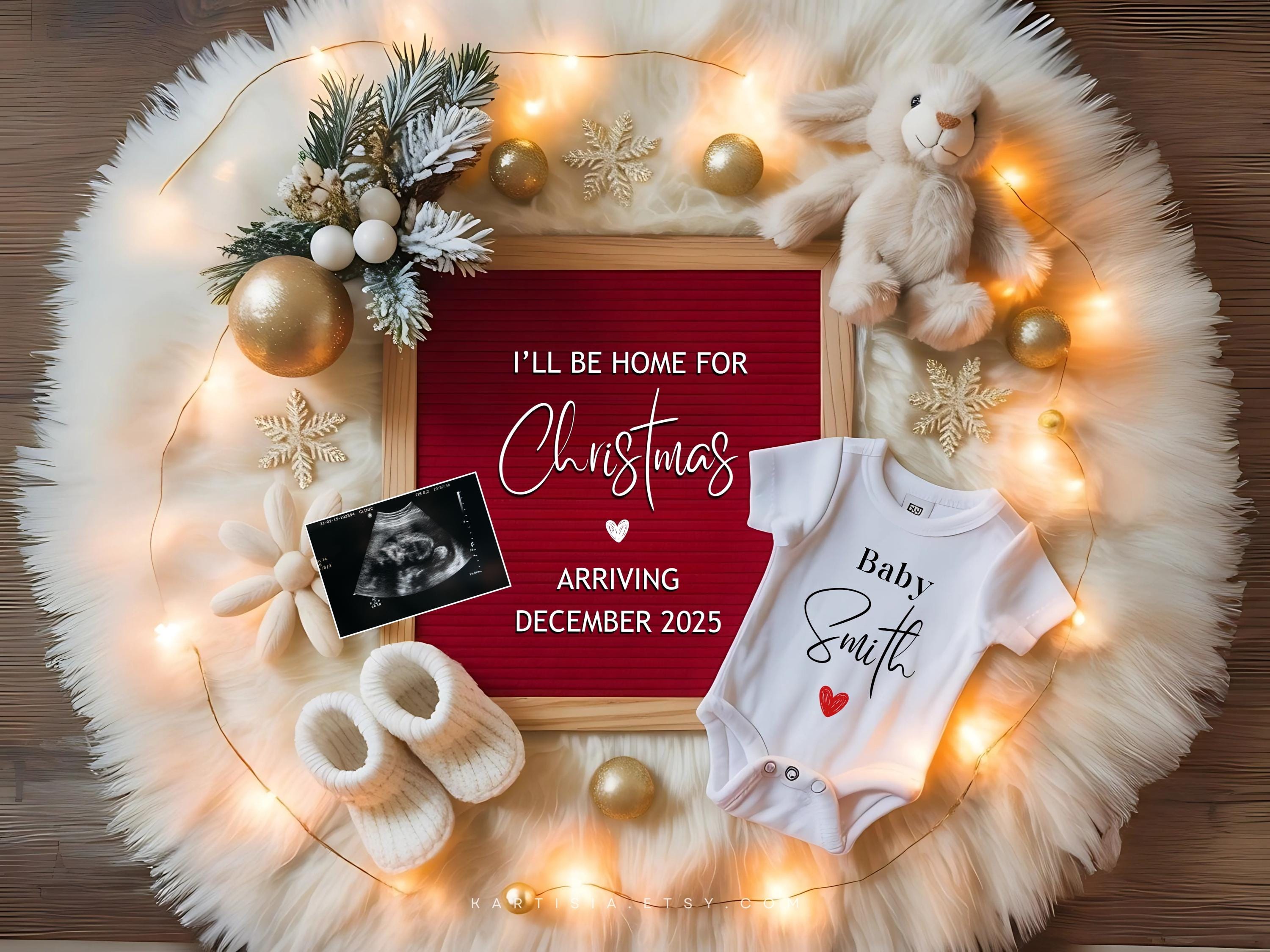 Winter Weihnachten Schwangerschaft Ankündigung Dezember Baby Ankündigung Geschlecht offenbaren Neutal Urlaub Social Media offenbaren bearbeitbare Vorlage cp0013
