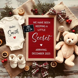 Anúncio de gravidez de Natal, surpresa digital, anúncio de gravidez previsto para dezembro, tema aconchegante de feriado, revelação do Instagram, gênero neutro, menina/menino