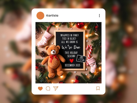 Christmas Digital Pregnancy Announcement Baby Due in December Gender Reveal Neutal She/He Editable Holiday Template Social Media Reveal