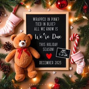 Digitale kerstzwangerschapsaankondiging baby moet in december worden verwacht Geslachtsonthulling Neutaal Zij/hij bewerkbare vakantiesjabloon Social media-onthulling