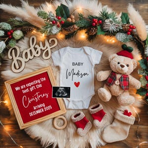 Annuncio di gravidanza a Natale, inverno, annuncio di nascita a dicembre, rivelazione del sesso, modello modificabile neutro per le festività sui social media CP0005