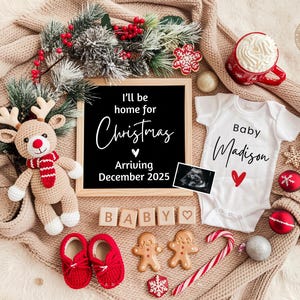 Annuncio di gravidanza digitale per Natale e inverno Nascita prevista a dicembre Rivelazione del sesso del bambino Rivelazione neutrale sui social media per le festività Sarò a casa CP0042