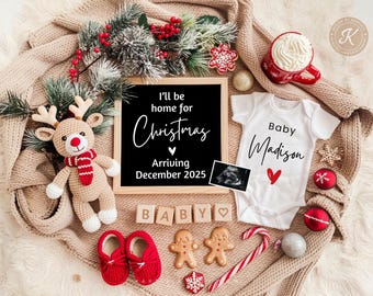 Winter Weihnachten Digitale Schwangerschaftmitteilung Baby Aufgrund im Dezember Gender Reveal Neutal Urlaub Social Media Reveal Ich werde zu Hause sein DP0042