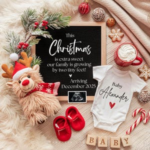 Anúncio digital de gravidez de Natal, parto previsto para dezembro, revelação do sexo do bebê, gravidez de fim de ano, anúncio do primeiro bebê, rena fofa CP0052