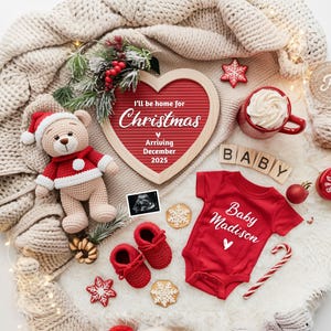 Annuncio di gravidanza digitale natalizio Nascita prevista a dicembre Rivelazione del sesso del bambino Neutro Lei/Lui Modificabile Rivelazione sui social media per le festività CP0070