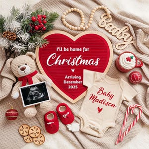Annuncio di gravidanza digitale natalizio Nascita prevista a dicembre Rivelazione del sesso del bambino Neutro Lei/Lui Modificabile Rivelazione sui social media per le festività CP0071