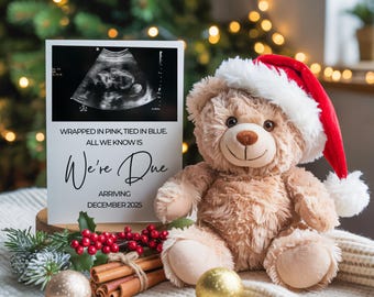 Könnte beinhalten: Ein beigefarbener Teddybär mit einer rot-weißen Weihnachtsmütze steht neben einem weißen Schild mit einem schwarz-weißen Ultraschallbild. Das Schild trägt die Aufschrift: WRAPPED IN PINK, TIED IN BLUE. ALL WE KNOW IS We're Due ARRIVING DECEMBER 2025. Rote Beeren und Zimtstangen liegen davor.