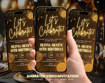 Animierte Gold Schwarz Geburtstag einladen, Neon Gold Party-Einladung Video Vorlage Schwarz Geburtstag einladen Geburtstagsessen einladen Digitale E-Invite