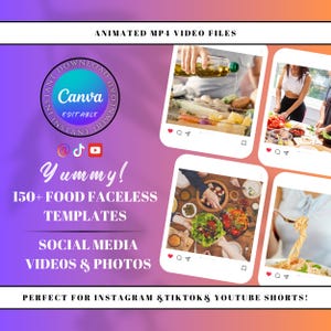 Könnte beinhalten: Eine Sammlung animierter MP4-Videodateien für soziale Medien mit Essen und Kochen. Der Text "Yummy! 150+ Food Faceless Templates Social Media Videos & Photos Perfect for Instagram & TikTok & YouTube Shorts!" wird auf einem rosa und orangefarbenen Farbverlaufshintergrund angezeigt.