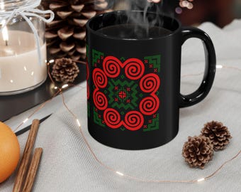 Hmong Cultural Scene Mug | Black Ceramic Coffee Cup with Vibrant Pattern (11oz)