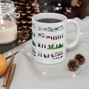 Op de afbeelding: Een witte keramische mok met een grafische illustratie in meerdere rijen die een verhalende reeks figuren in traditionele kleding, houten vaten, groene heuvels, kleine hutten en diverse dieren weergeeft.