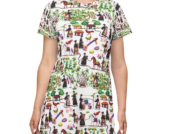 Vintage Farm Life Hmong Pattern T-Shirt Dress | All-Over Print, Country Scenes