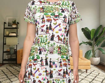 Vintage Farm Life Hmong Pattern T-Shirt Dress | All-Over Print, Country Scenes
