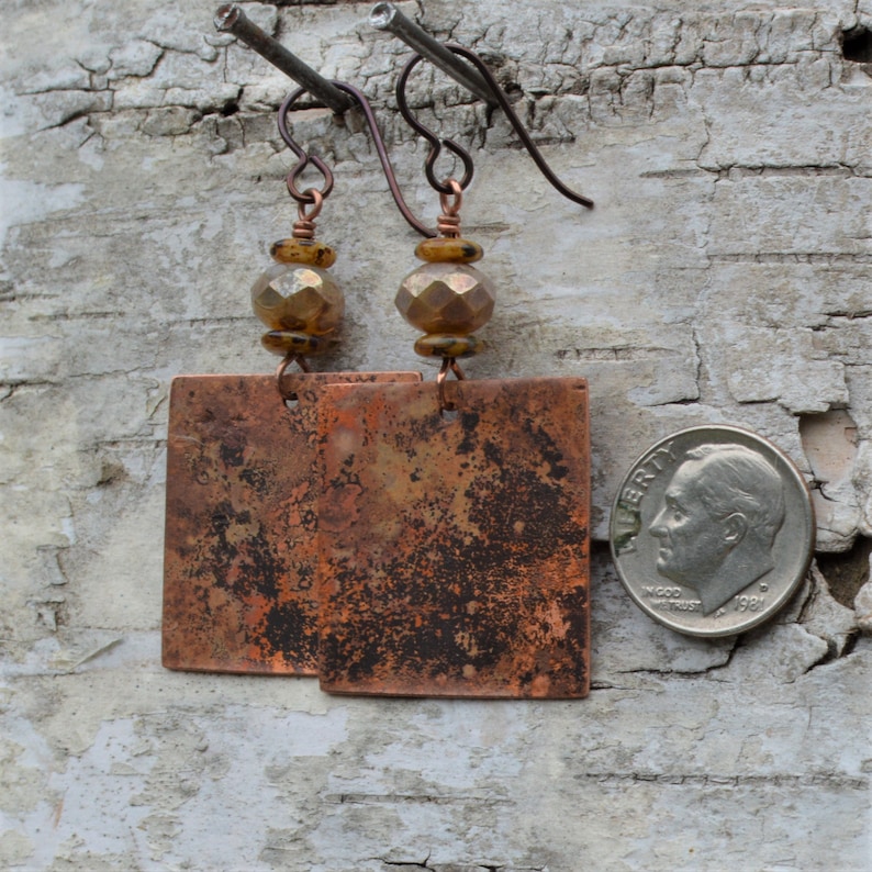 Patina Dangle Earrings,Handmade in VT Primitive Copper Earrings,Handcut copper VT jewelry Boho Jewelry Niobium Wires Torch Fired Copper