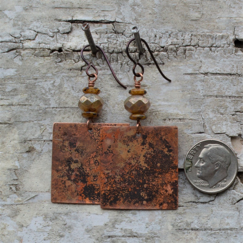 Patina Dangle Earrings,Handmade in VT Primitive Copper Earrings,Handcut copper VT jewelry Boho Jewelry Niobium Wires Torch Fired Copper