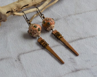 Antique Square Nail Earrings - Stacked Enamel Earring assemblage -  Wire Wrapped Vintage Dagger Dangle Earrings - Handmade Vermont Made