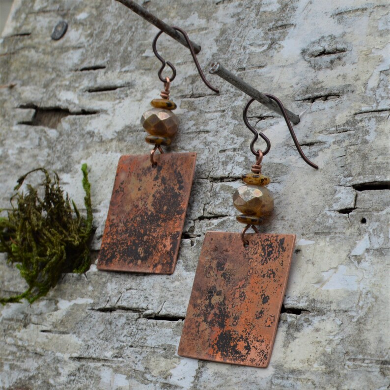 Patina Dangle Earrings,Handmade in VT Primitive Copper Earrings,Handcut copper VT jewelry Boho Jewelry Niobium Wires Torch Fired Copper