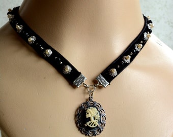 Memento Mori Jewelry Mourning pendant lady death skeleton cameo gothic choker goth necklace gothic lolita black velvet ribbon victorian egl