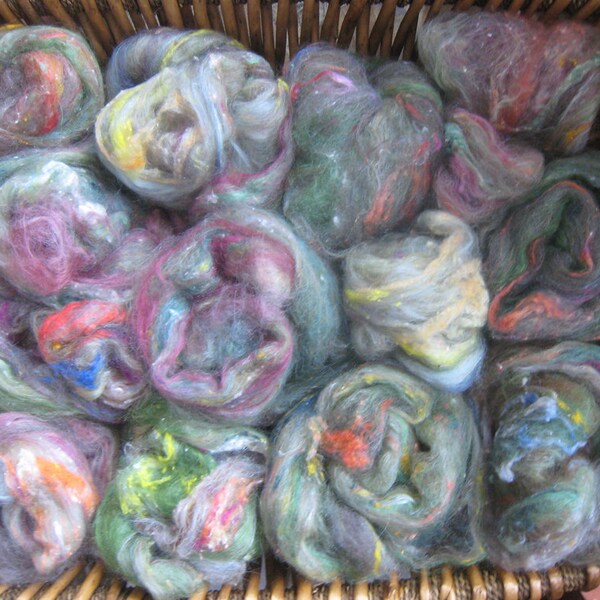 Art Batts 'Tide Pool' Lots of Hand Dyed Tussah Silk, Silk Noil, Soft Wools, Small Amt. Alpaca, Silky, Bright, 4-ounces, Needle Felt  or Spin