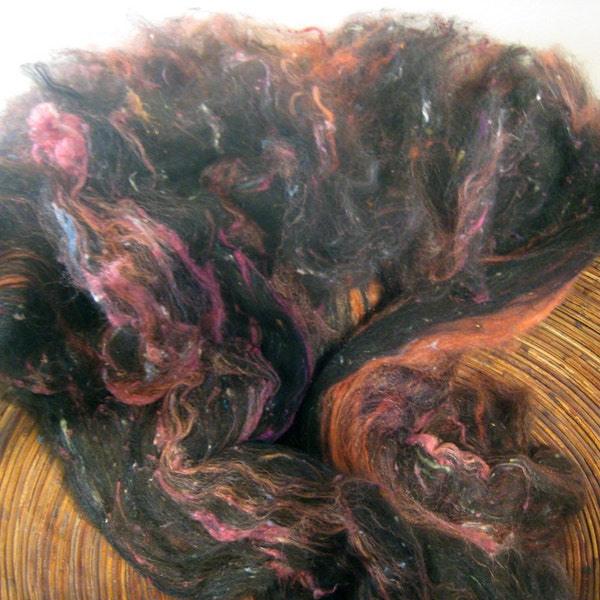 Soft Alpaca Batt, Black Terracotta Art Batt, 'Galaxy' Hand Dyed Silks, 3.18 oz , Soft Fiber Bright, Spin, Felt, My Farm Fiber, Variegated