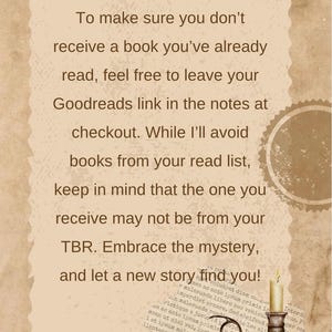 May include: A vintage-style card with text about receiving a book, a candle, and a magnifying glass. The text encourages the reader to leave their Goodreads link. The card has a sepia tone.