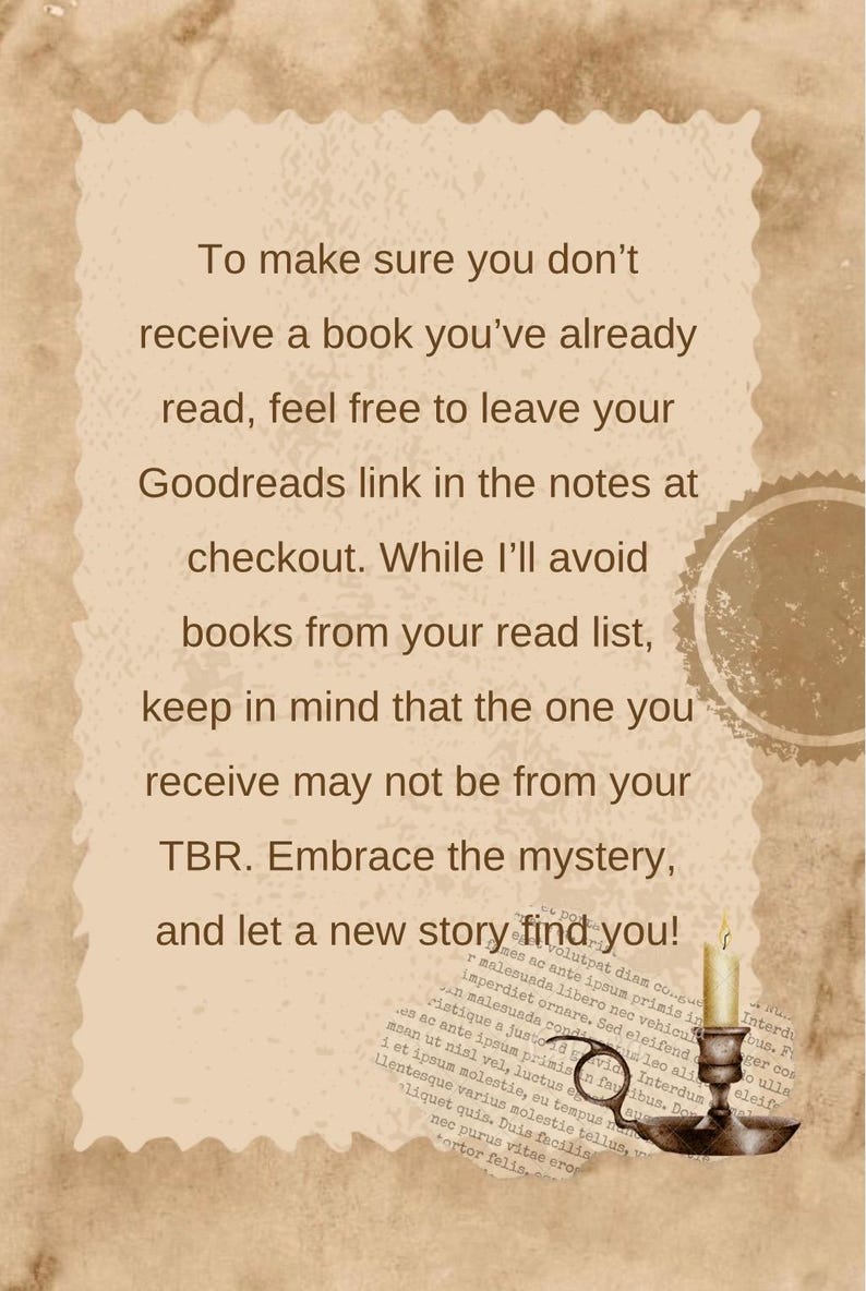 May include: A vintage-style card with text about receiving a book, a candle, and a magnifying glass. The text encourages the reader to leave their Goodreads link. The card has a sepia tone.