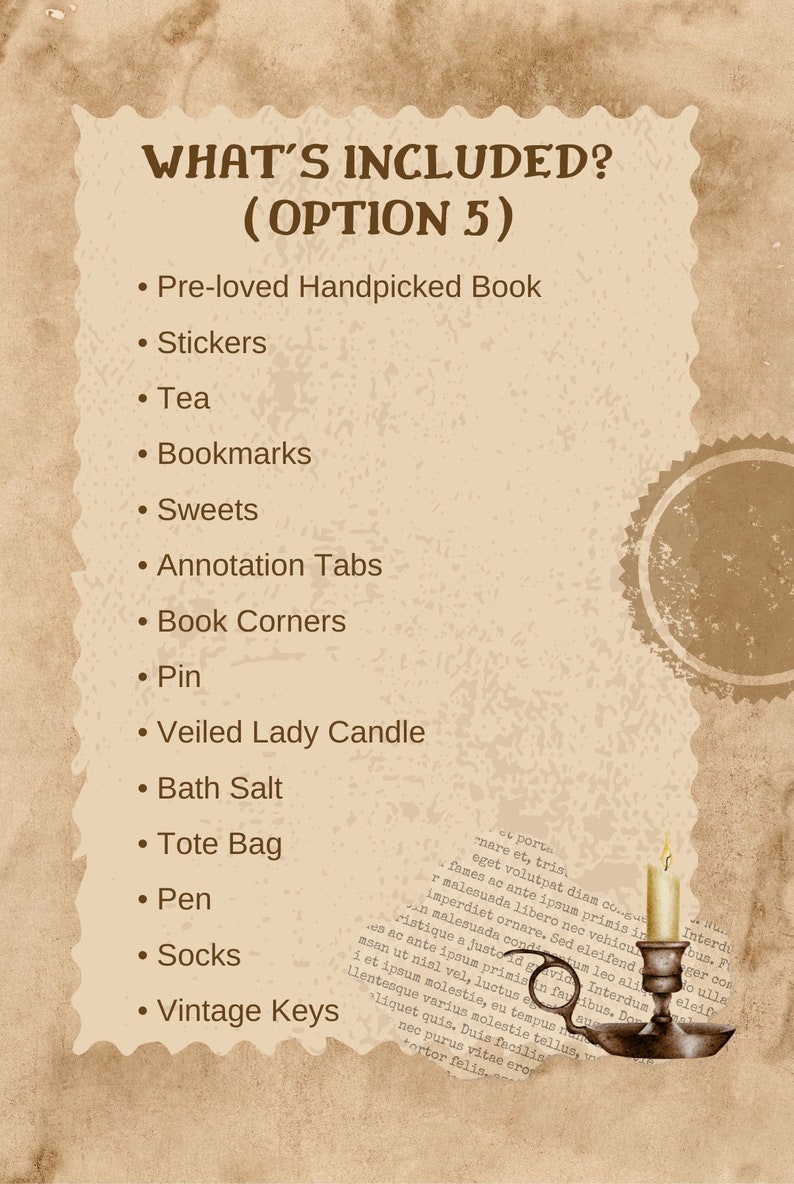 May include: A vintage-style image lists items included in an option. The list includes a pre-loved book, stickers, tea, bookmarks, sweets, annotation tabs, book corners, a pin, a veiled lady candle, bath salt, a tote bag, a pen, socks, and vintage keys.