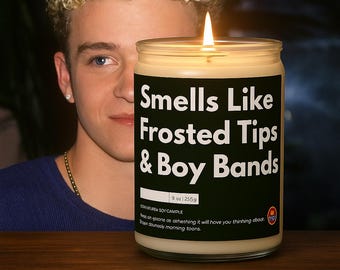 Puede incluir: Una vela encendida en un frasco de vidrio transparente con una etiqueta negra que dice "Smells Like Frosted Tips & Boy Bands". La vela es de 255g. Una persona está en el fondo.