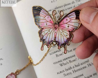 Butterfly Metal Bookmark with Pendant Chain, Book Lover Gift, Nature Design