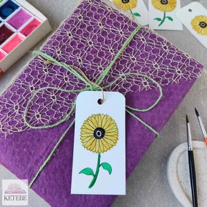 Étiquette cadeau aquarelle peinte à la main, lot de 5 étiquettes tournesol, fait main, étiquette cadeau unique pour anniversaire, mariage et emballage cadeau créatif