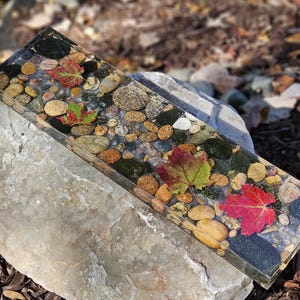 Cheeseboard from Lake Superior Beach Stone with Leaves | Unique Handcrafted Natural Home Serving Art Decor | Wedding Water Canada Best Gift