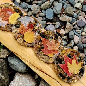 May include: Four circular coasters with a clear resin top, featuring colourful autumn leaves and small pebbles. The coasters are set on a wooden plank, with a background of various sized rocks.