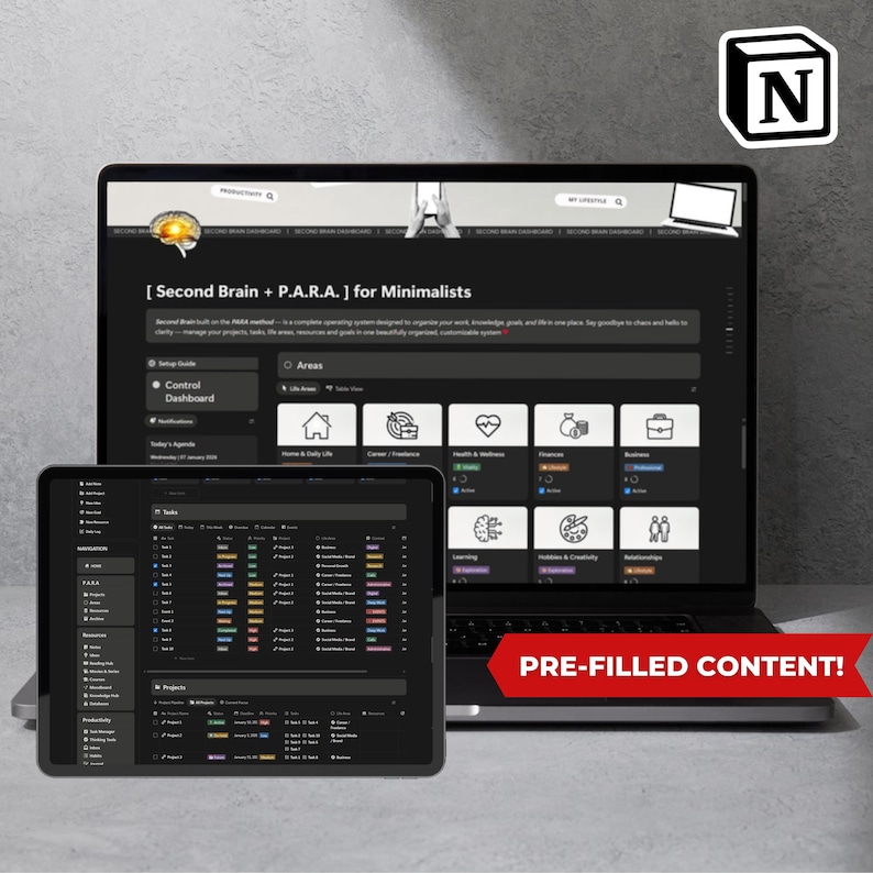 May include: A laptop and tablet displaying a dark-themed digital interface with the text "[Second Brain + P.A.R.A.] for Minimalists." The laptop screen shows a dashboard with icons. A red banner reads "PRE-FILLED CONTENT!"