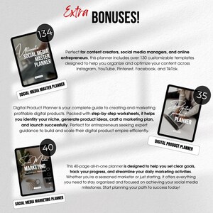 May include: Image features three digital planners: Social Media Master Planner, Digital Product Planner, and Social Media Marketing Planner. Each planner is displayed on a tablet with text and numbers. The image includes the text "Extra BONUSES!"