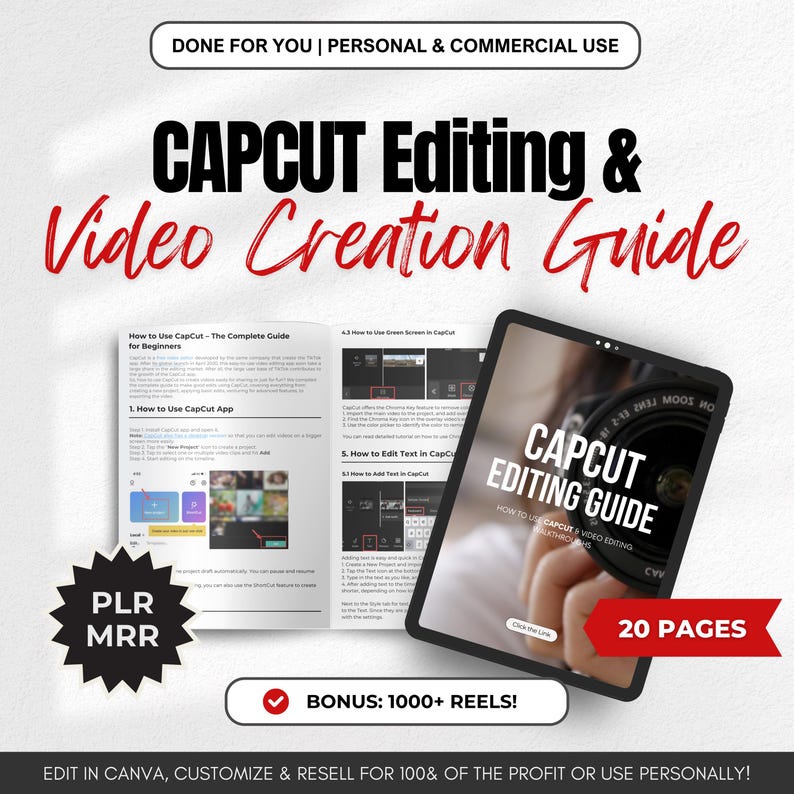 May include: A digital guide on how to use the CapCut app for video editing. The guide is 20 pages long and includes a bonus of 1000+ reels. The guide is available for personal and commercial use. The text on the cover reads "CapCut Editing Guide: How to Use CapCut for Video Editing &  Reels"