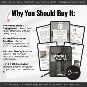 以下が含まれることがあります： 「Stories That Sell: The Ultimate Guide about How to Convert Followers to Sales」というタイトルのデジタル製品ガイド。白い背景に、白黒のワイングラスの画像が描かれている。ガイドは、Mindset First、Story Selling、Important、Educate the Audienceの4つのセクションに分かれている。ガイドは購入可能で、プライベートラベル権（PLR）とマスターリセール権（MRR）が含まれている。