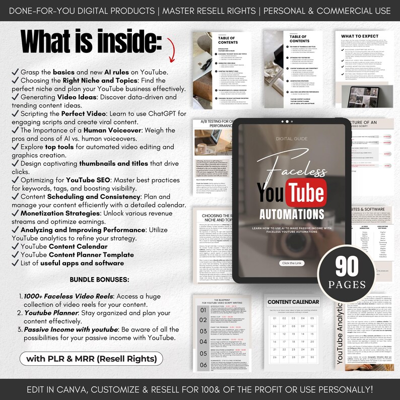 May include: A digital guide titled "Faceless YouTube Automations" with a blue and white cover. The guide includes 90 pages of content and covers topics such as choosing the right niche, creating viral content, and monetization strategies. The guide also includes a content calendar and a list of useful apps and software.